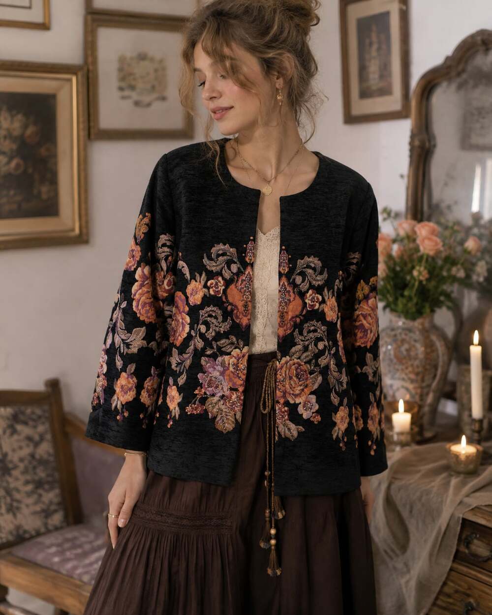 Susan Graver Artisan Black Floral Jacquard Beaded  Cardigan Jacket boho coquette